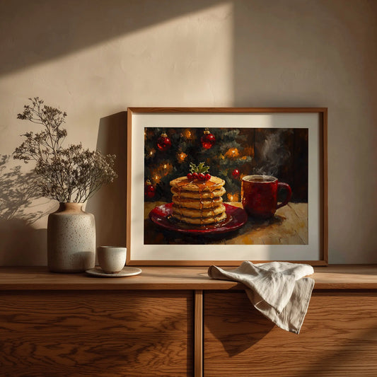 Pancakes with Honey and Coffee Wall Art, Christmas Morning Oil Painting, Cozy Holiday Kitchen Scene The VelvetPips Lab
