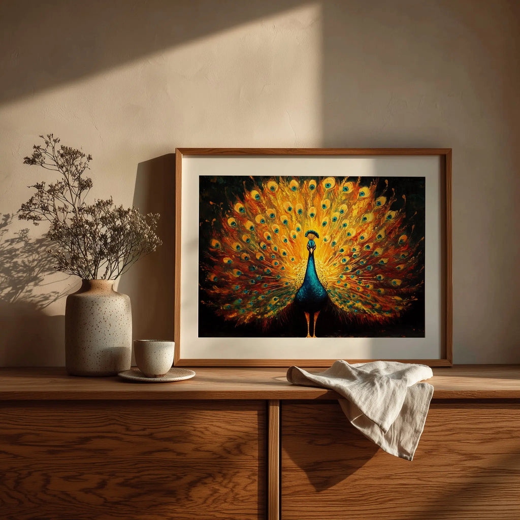 Regal Peacock Wall Art, Oil Painting of Vibrant Plumage Spread, Jewel Tone Feathers with Dramatic Contrast The VelvetPips Lab