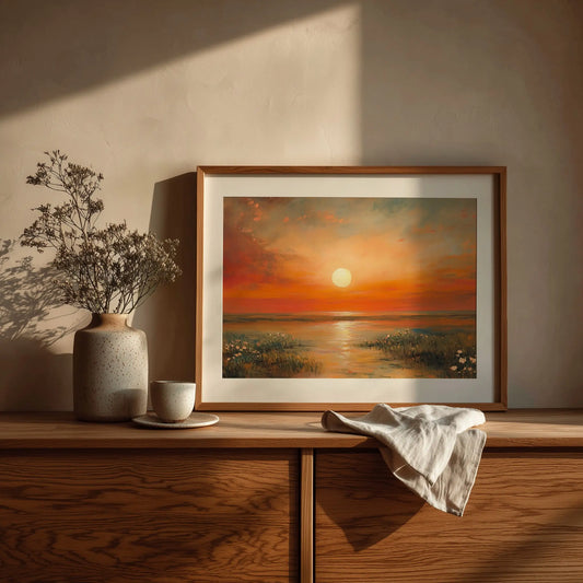 Wildflowers at Daybreak Wall Art, Oil Painting of Radiant Sunrise Landscape, Peaceful Wide-Field Nature Scene The VelvetPips Lab