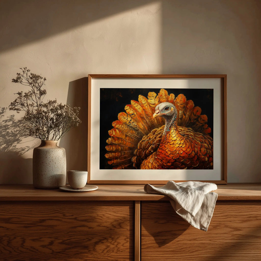 Thanksgiving Turkey Wall Art, Majestic Oil Painting with Golden Feathers, Dramatic Cinematic Lighting on Black Background The VelvetPips Lab