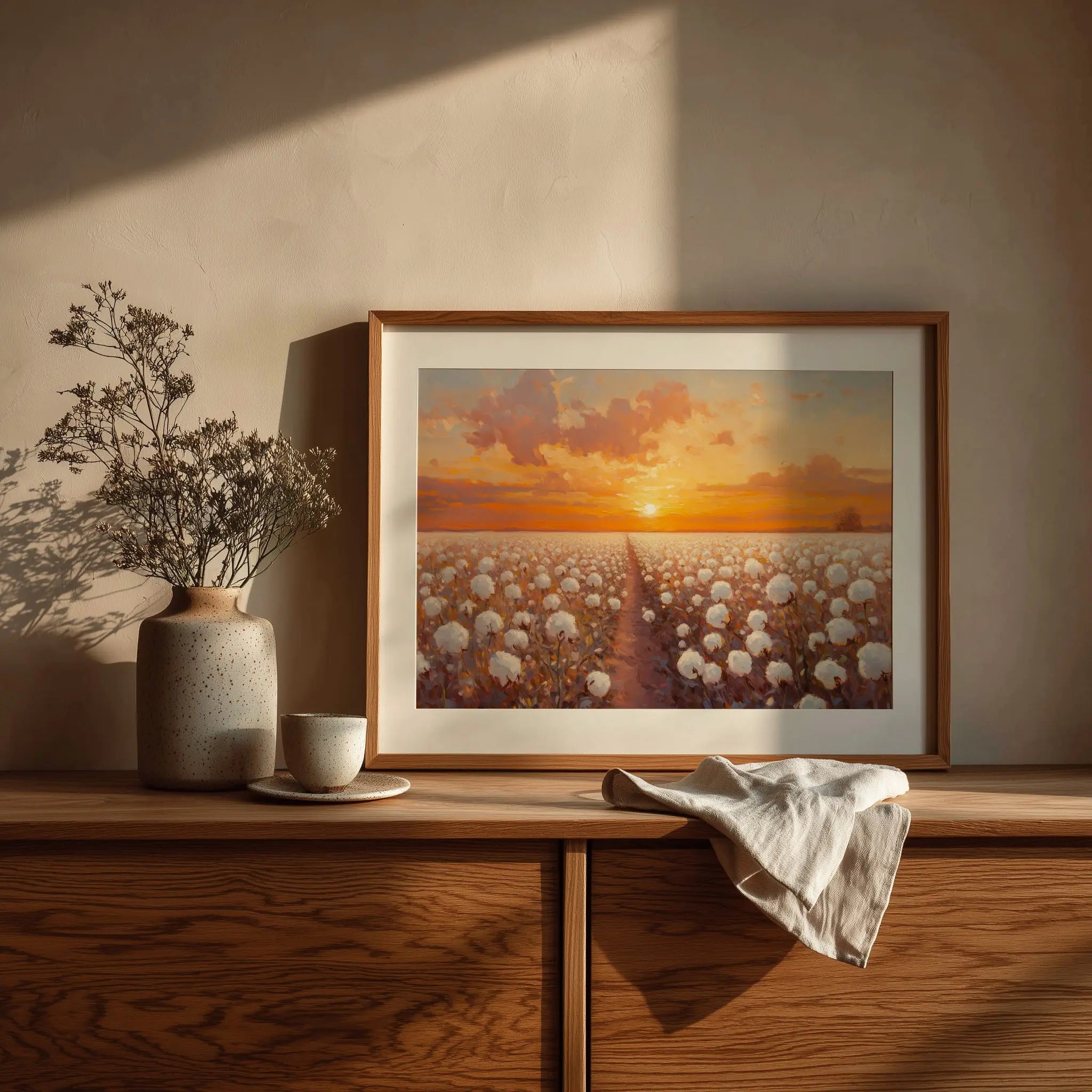 Cotton Field at Sunrise Wall Art, Oil Painting of Glowing Rows of Flowers, Peaceful Morning Landscape in Warm Hues The VelvetPips Lab