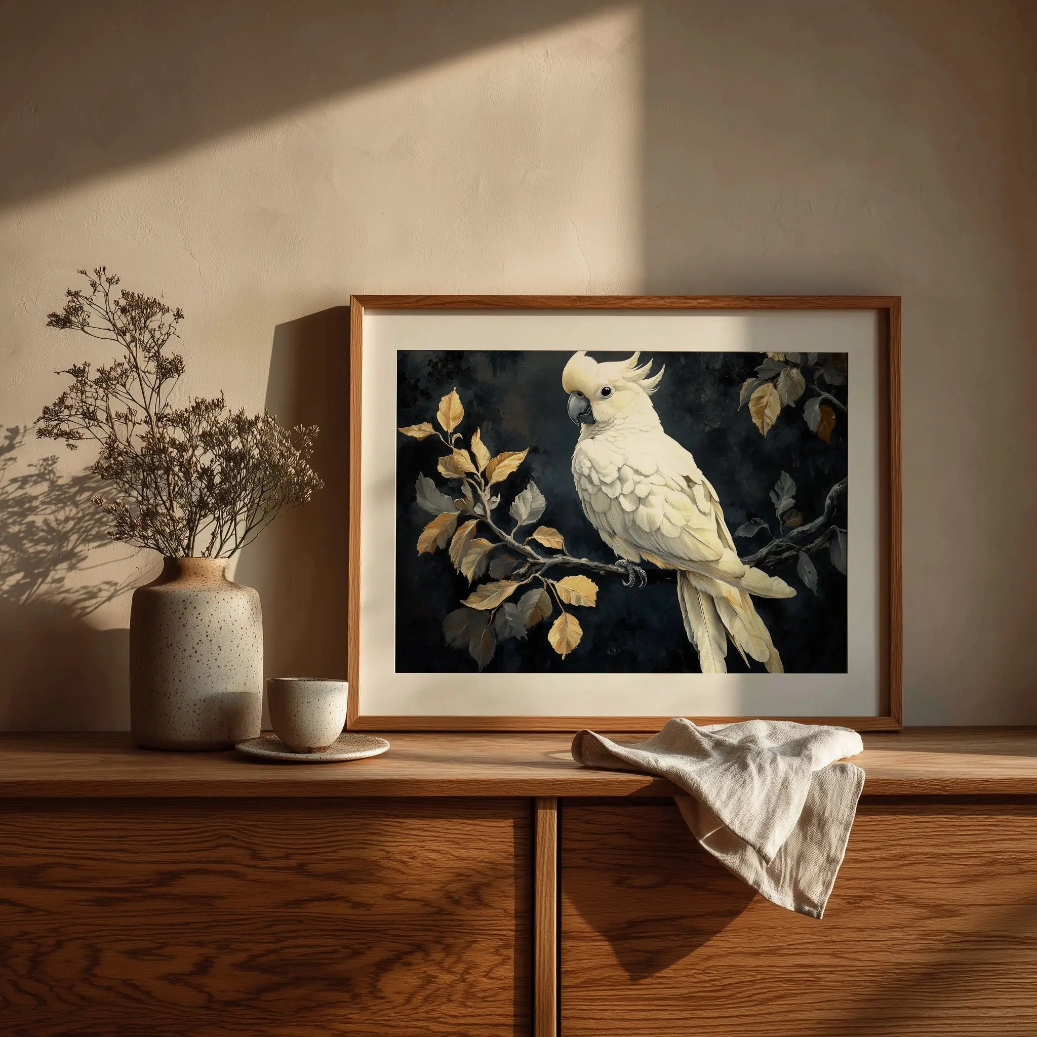 Elegant Cockatoo Wall Art, Oil Painting of White Cockatoo on Leafy Branch, Dramatic Black Background with Soft Highlights The VelvetPips Lab