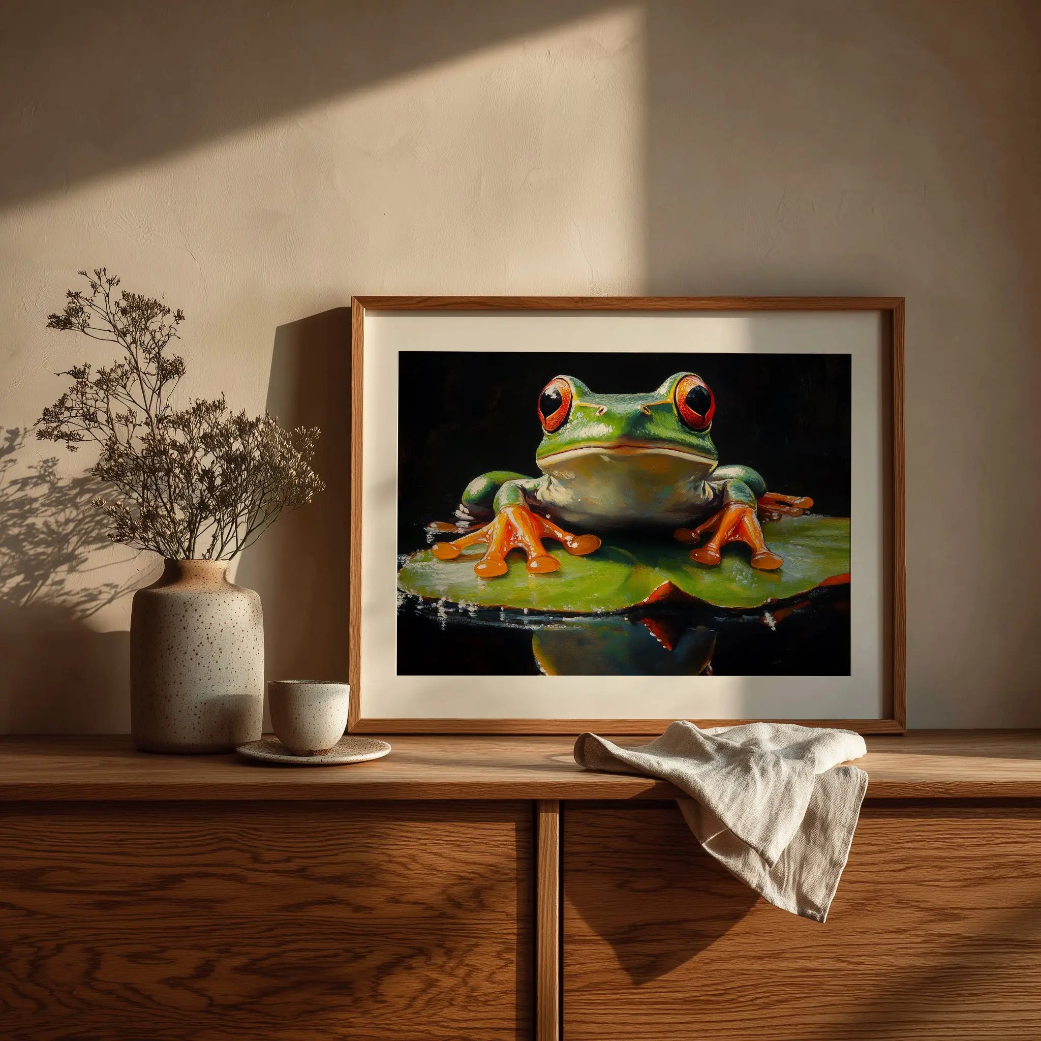 Elegant Frog on Water Lily Wall Art, Oil Painting of Vivid Green Frog with Glowing Highlights, Dramatic Black Background The VelvetPips Lab