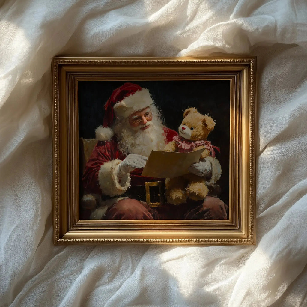 Santa Claus Reading Child’s Letter Wall Art, Horizontal Oil Painting, Christmas Digital Print with Teddy Bear Gift The VelvetPips Lab