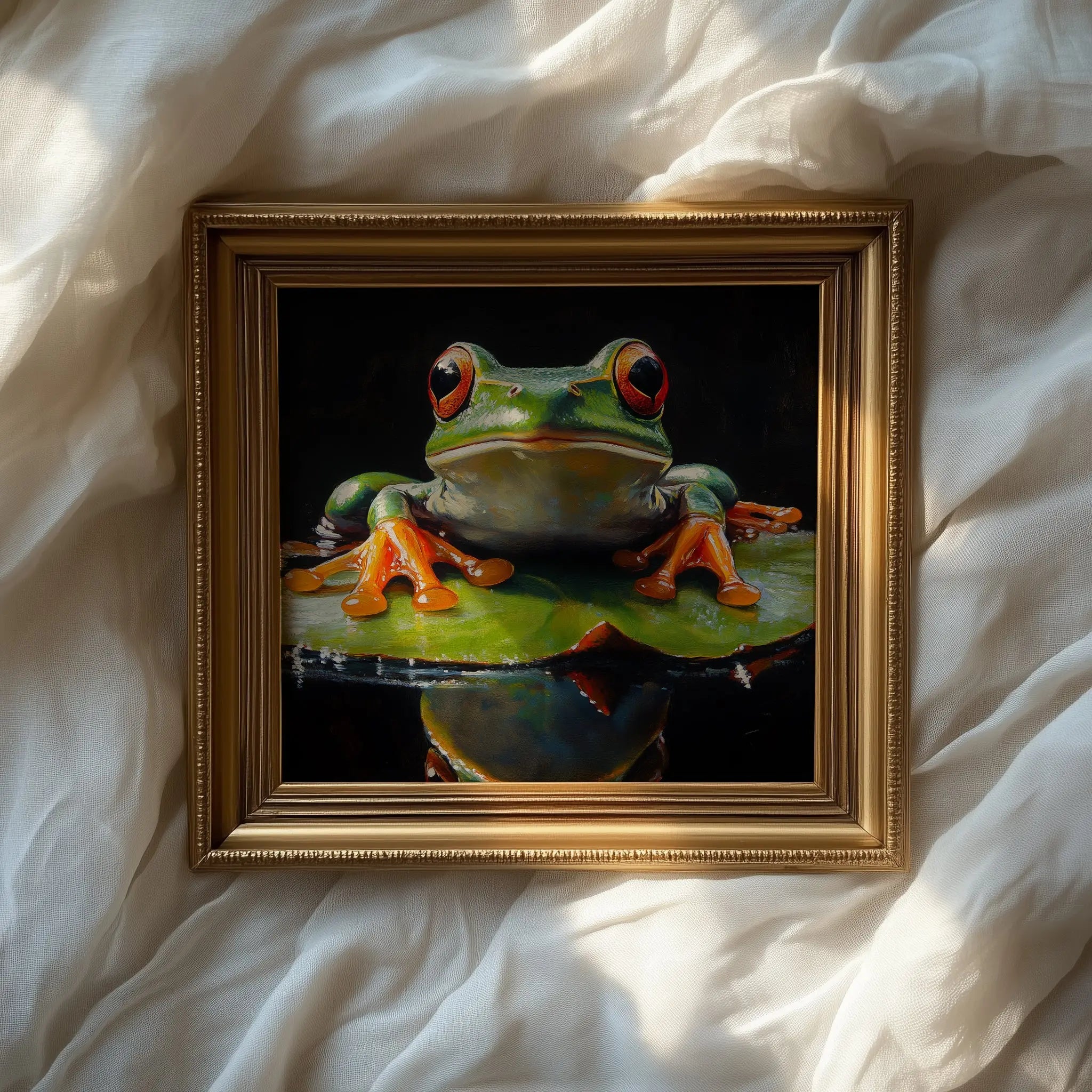 Elegant Frog on Water Lily Wall Art, Oil Painting of Vivid Green Frog with Glowing Highlights, Dramatic Black Background The VelvetPips Lab