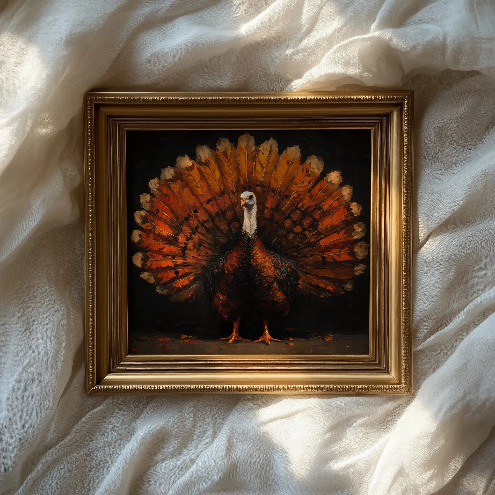 Thanksgiving Turkey Wall Art, Majestic Oil Painting with Full Plumage, Bronze and Gold Feathers in Dramatic Lighting The VelvetPips Lab
