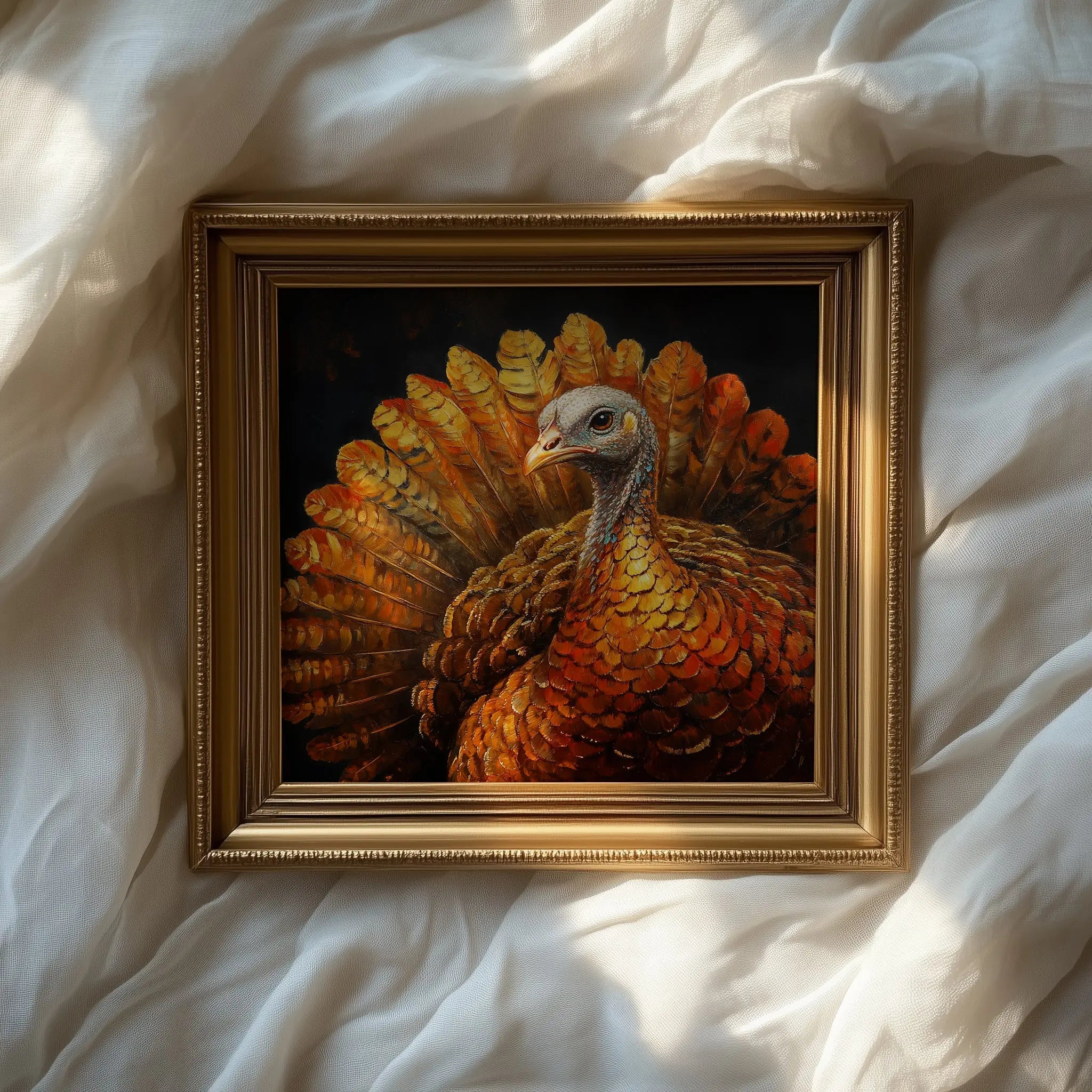Thanksgiving Turkey Wall Art, Majestic Oil Painting with Golden Feathers, Dramatic Cinematic Lighting on Black Background The VelvetPips Lab