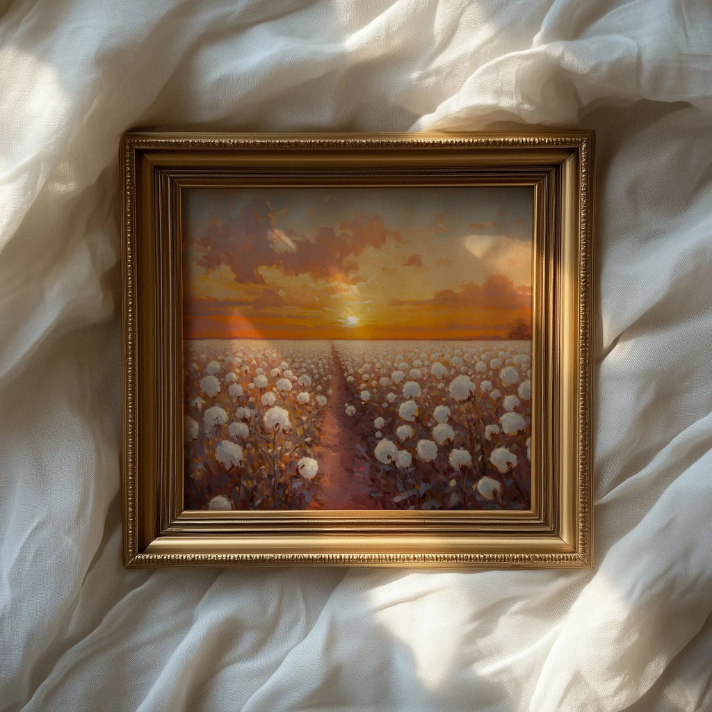 Cotton Field at Sunrise Wall Art, Oil Painting of Glowing Rows of Flowers, Peaceful Morning Landscape in Warm Hues The VelvetPips Lab