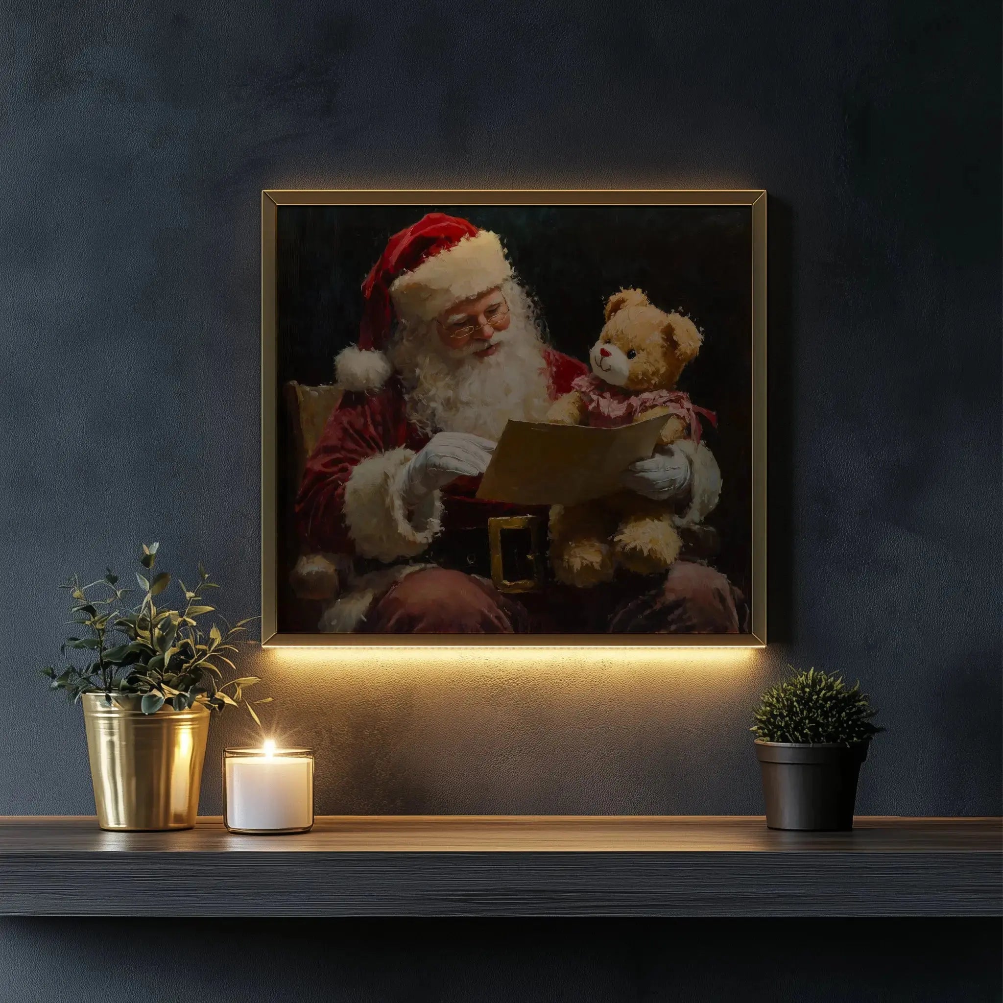 Santa Claus Reading Child’s Letter Wall Art, Horizontal Oil Painting, Christmas Digital Print with Teddy Bear Gift The VelvetPips Lab