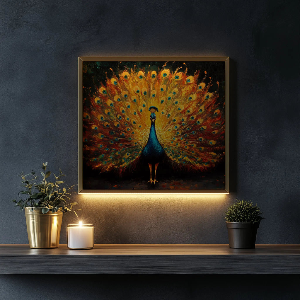 Regal Peacock Wall Art, Oil Painting of Vibrant Plumage Spread, Jewel Tone Feathers with Dramatic Contrast The VelvetPips Lab