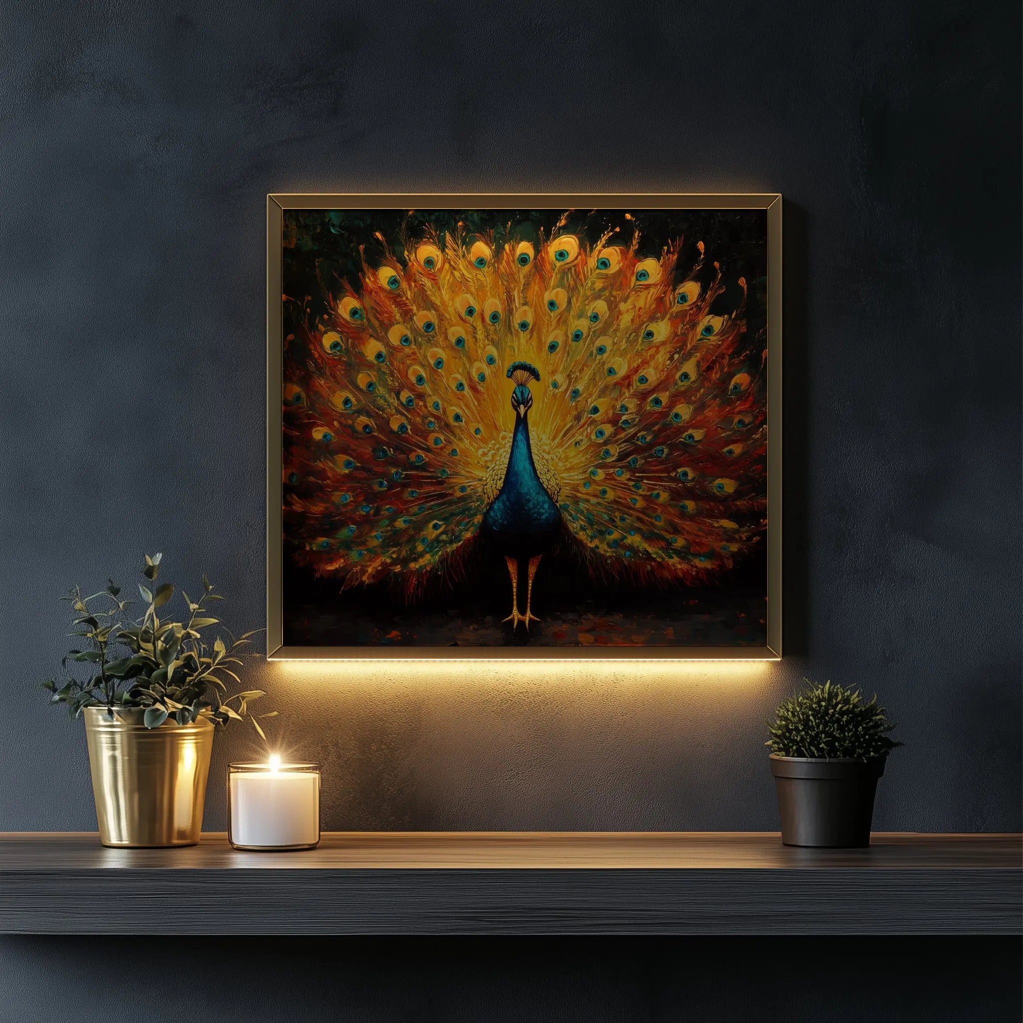 Regal Peacock Wall Art, Oil Painting of Vibrant Plumage Spread, Jewel Tone Feathers with Dramatic Contrast The VelvetPips Lab