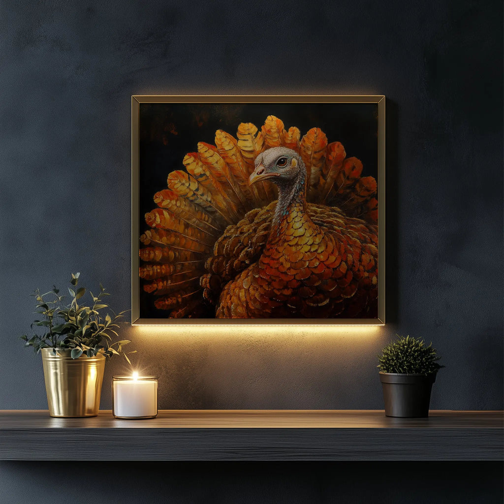 Thanksgiving Turkey Wall Art, Majestic Oil Painting with Golden Feathers, Dramatic Cinematic Lighting on Black Background The VelvetPips Lab