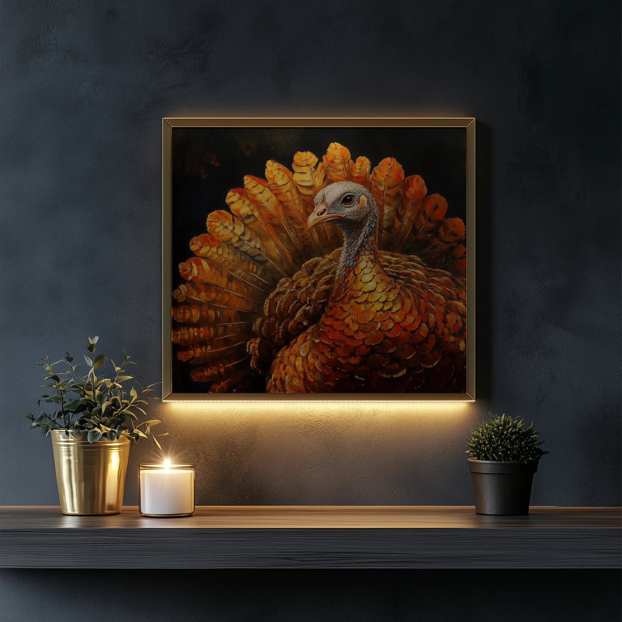 Thanksgiving Turkey Wall Art, Majestic Oil Painting with Golden Feathers, Dramatic Cinematic Lighting on Black Background The VelvetPips Lab