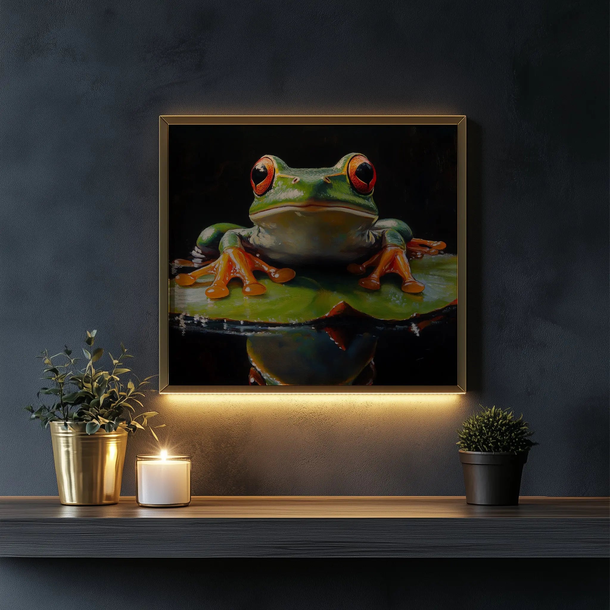 Elegant Frog on Water Lily Wall Art, Oil Painting of Vivid Green Frog with Glowing Highlights, Dramatic Black Background The VelvetPips Lab