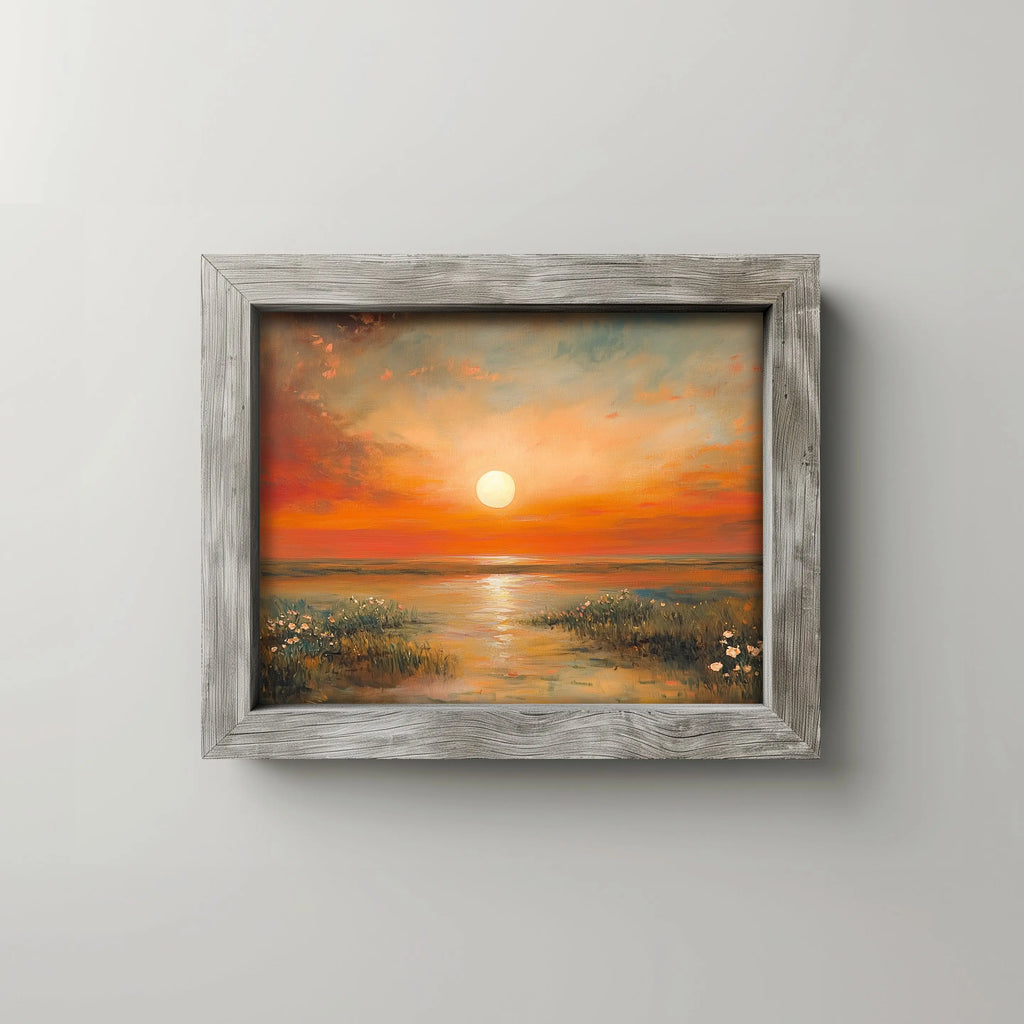 Wildflowers at Daybreak Wall Art, Oil Painting of Radiant Sunrise Landscape, Peaceful Wide-Field Nature Scene The VelvetPips Lab