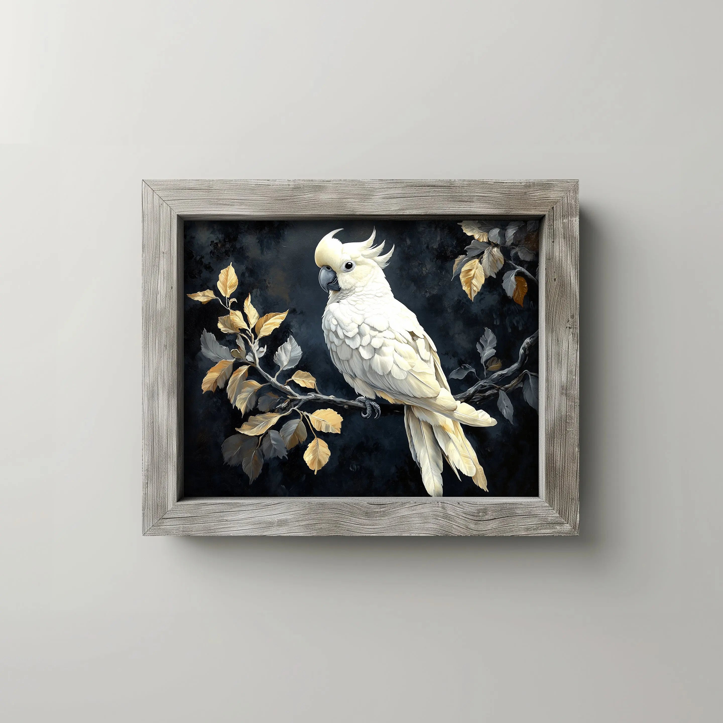 Elegant Cockatoo Wall Art, Oil Painting of White Cockatoo on Leafy Branch, Dramatic Black Background with Soft Highlights The VelvetPips Lab
