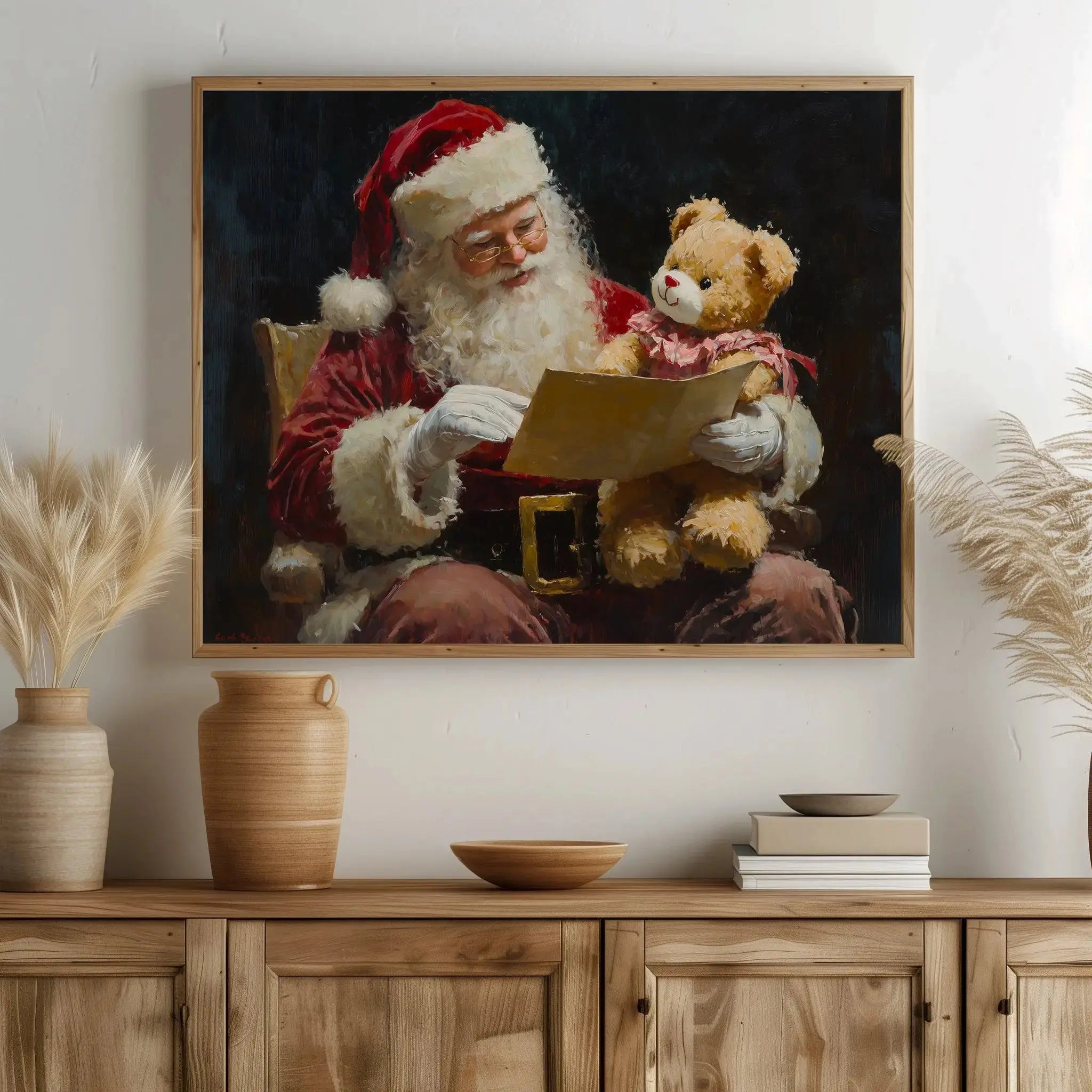 Santa Claus Reading Child’s Letter Wall Art, Horizontal Oil Painting, Christmas Digital Print with Teddy Bear Gift The VelvetPips Lab