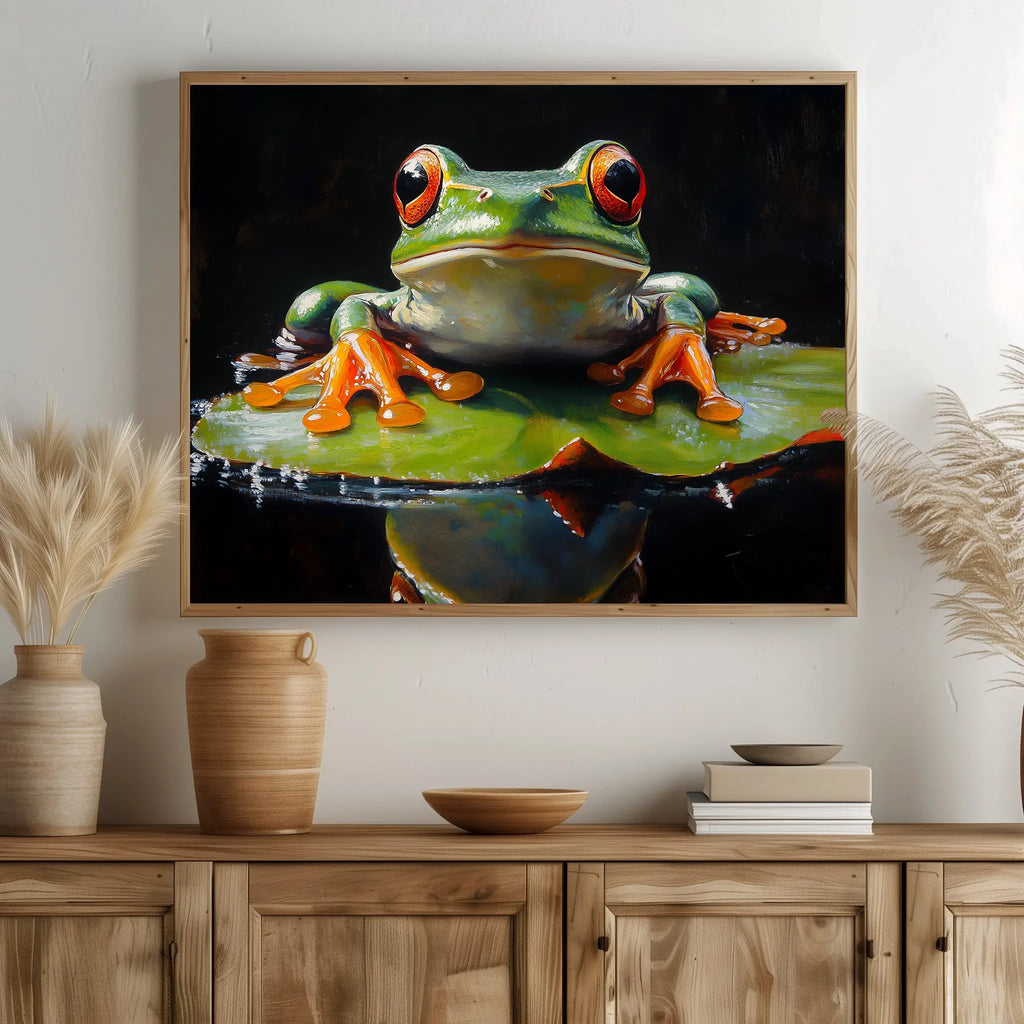 Elegant Frog on Water Lily Wall Art, Oil Painting of Vivid Green Frog with Glowing Highlights, Dramatic Black Background The VelvetPips Lab