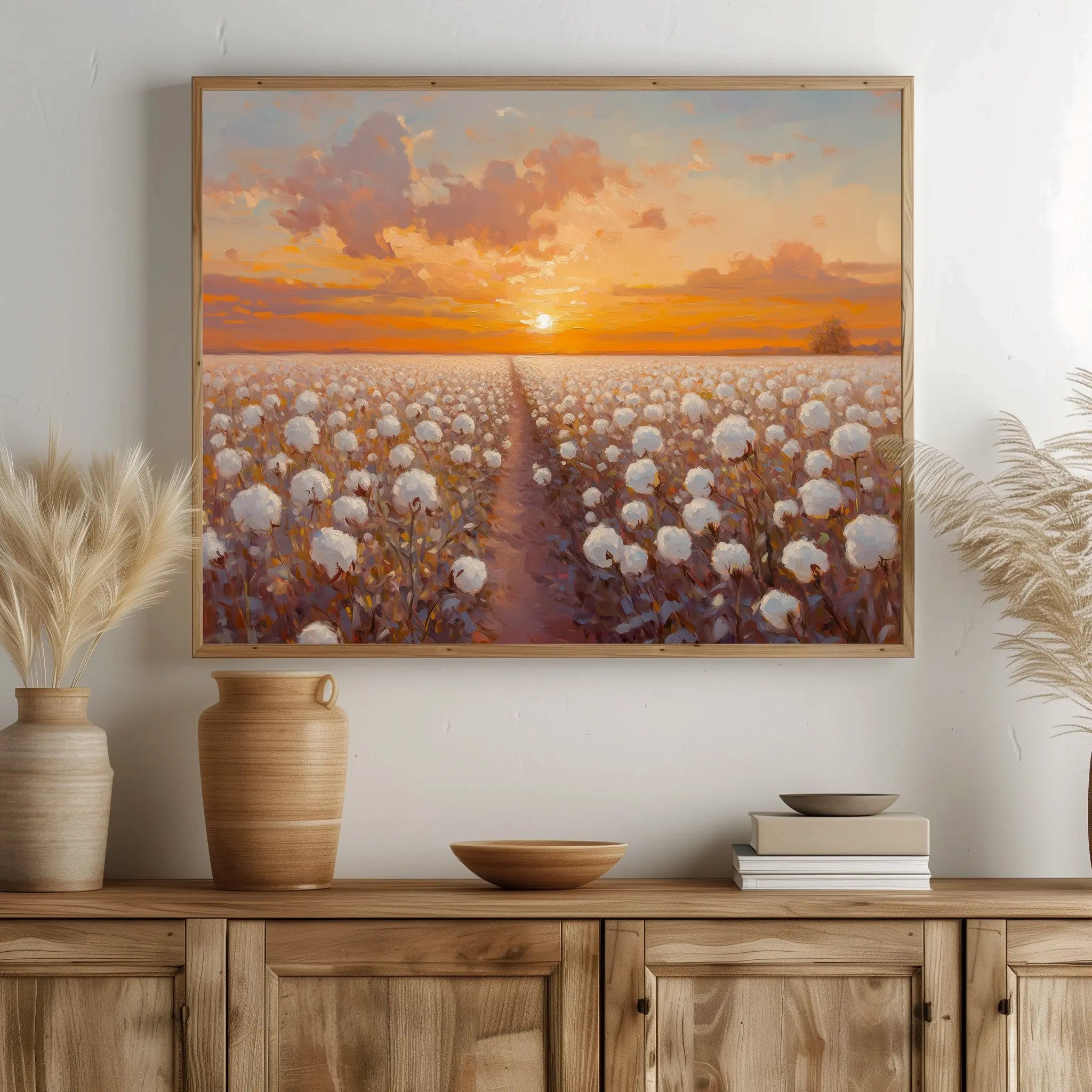 Cotton Field at Sunrise Wall Art, Oil Painting of Glowing Rows of Flowers, Peaceful Morning Landscape in Warm Hues The VelvetPips Lab