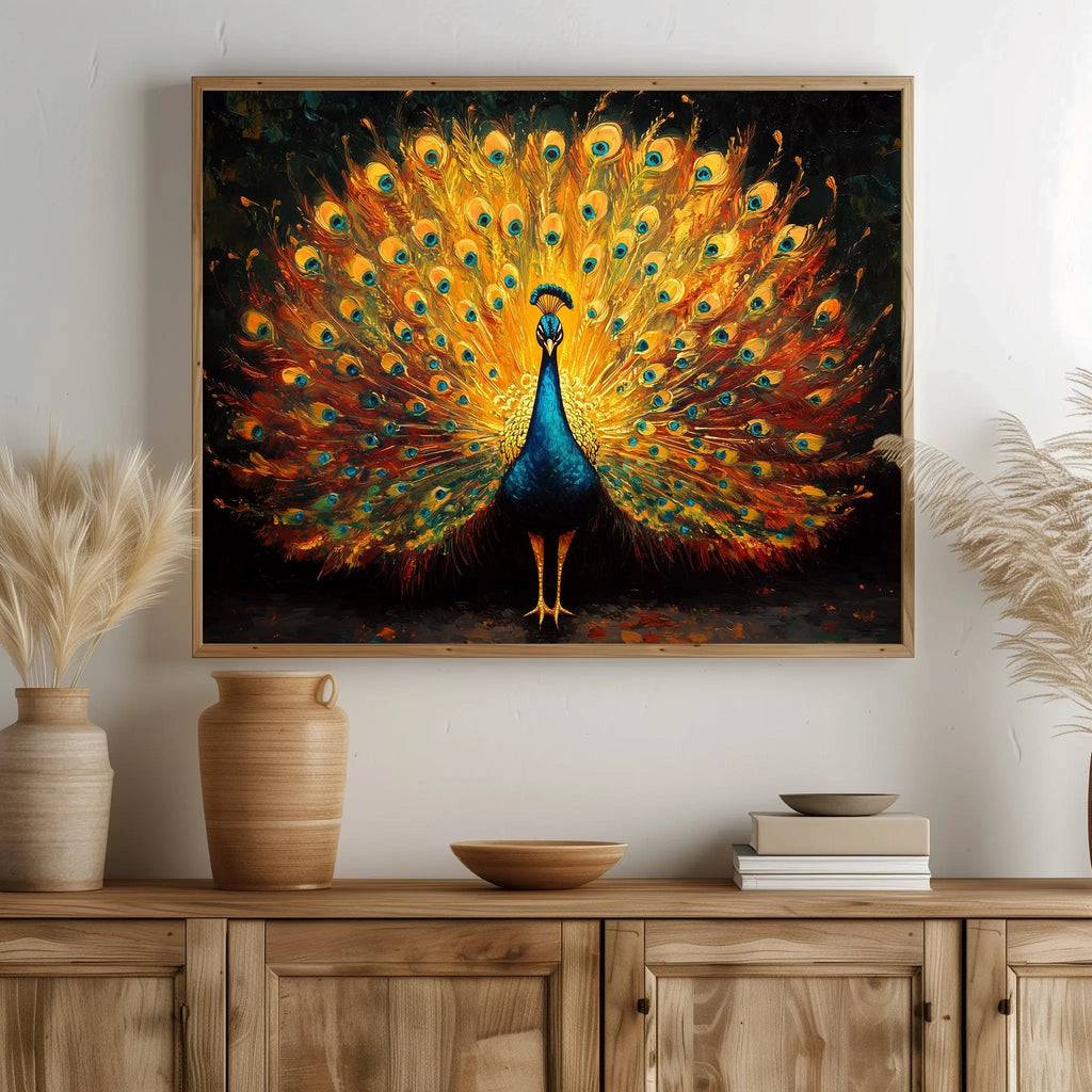 Regal Peacock Wall Art, Oil Painting of Vibrant Plumage Spread, Jewel Tone Feathers with Dramatic Contrast The VelvetPips Lab