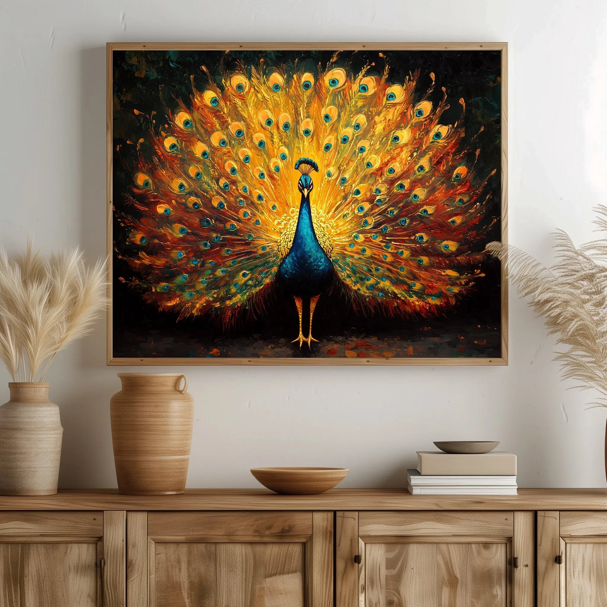 Regal Peacock Wall Art, Oil Painting of Vibrant Plumage Spread, Jewel Tone Feathers with Dramatic Contrast The VelvetPips Lab