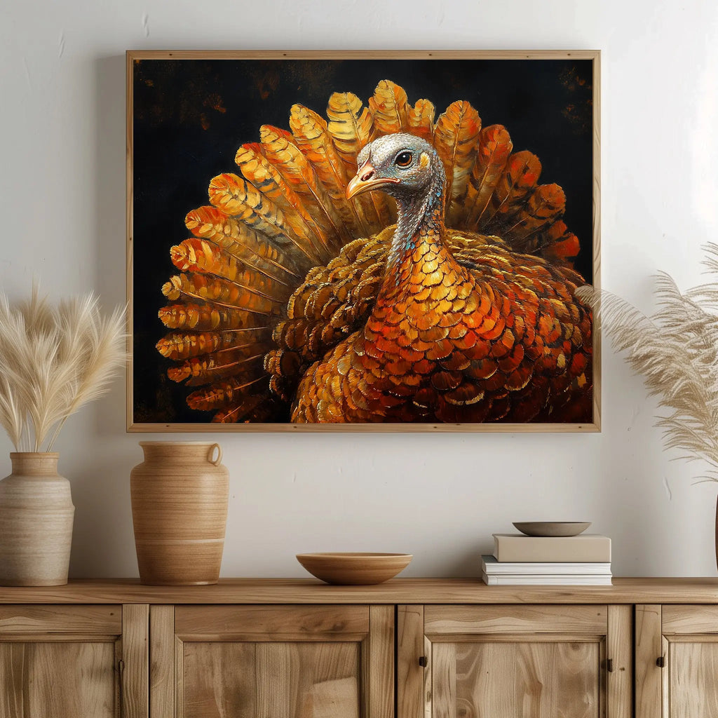 Thanksgiving Turkey Wall Art, Majestic Oil Painting with Golden Feathers, Dramatic Cinematic Lighting on Black Background The VelvetPips Lab