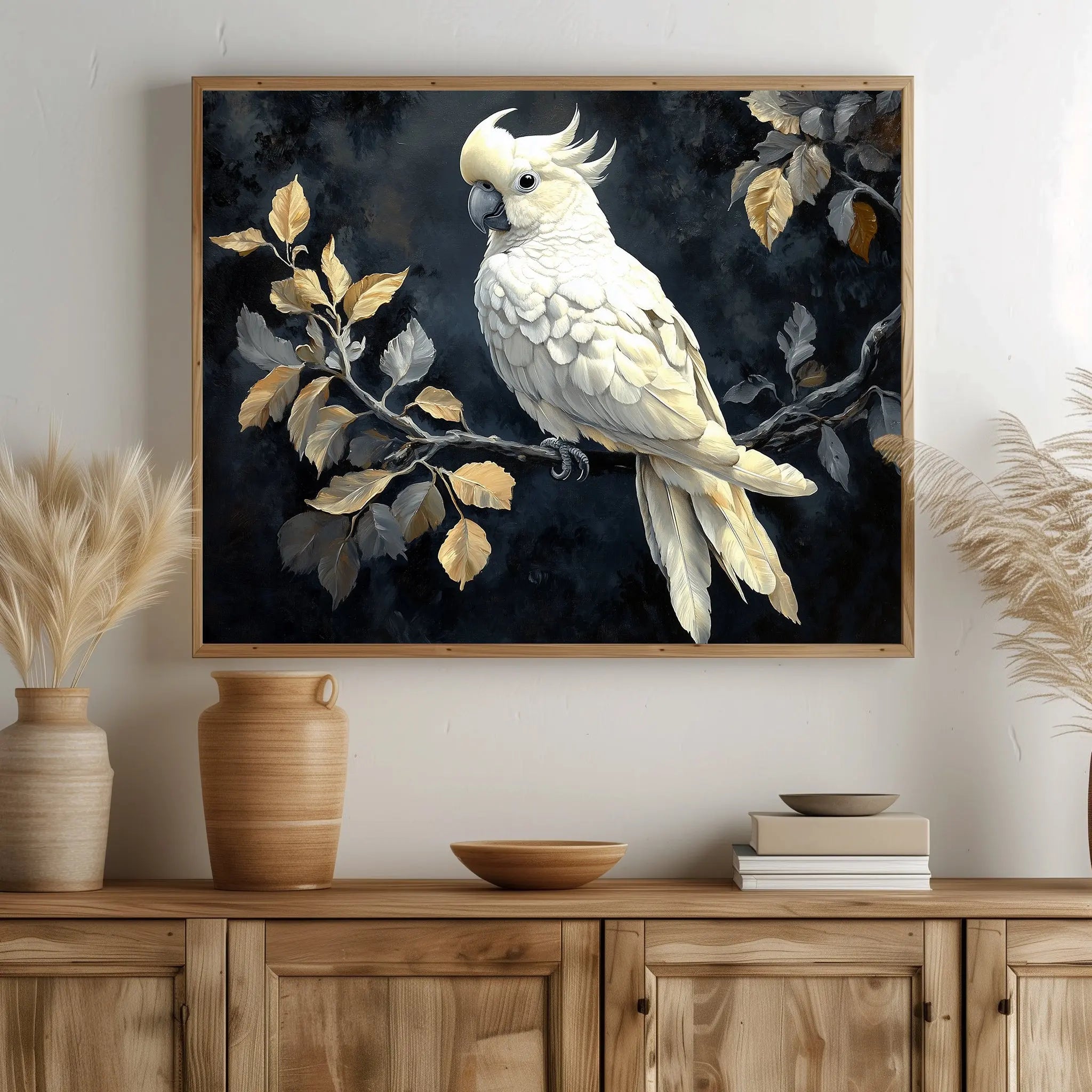 Elegant Cockatoo Wall Art, Oil Painting of White Cockatoo on Leafy Branch, Dramatic Black Background with Soft Highlights The VelvetPips Lab