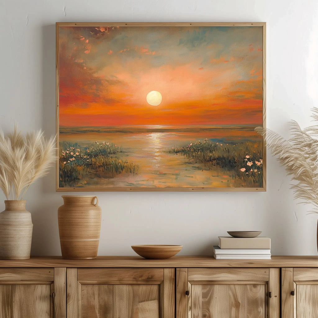 Wildflowers at Daybreak Wall Art, Oil Painting of Radiant Sunrise Landscape, Peaceful Wide-Field Nature Scene The VelvetPips Lab