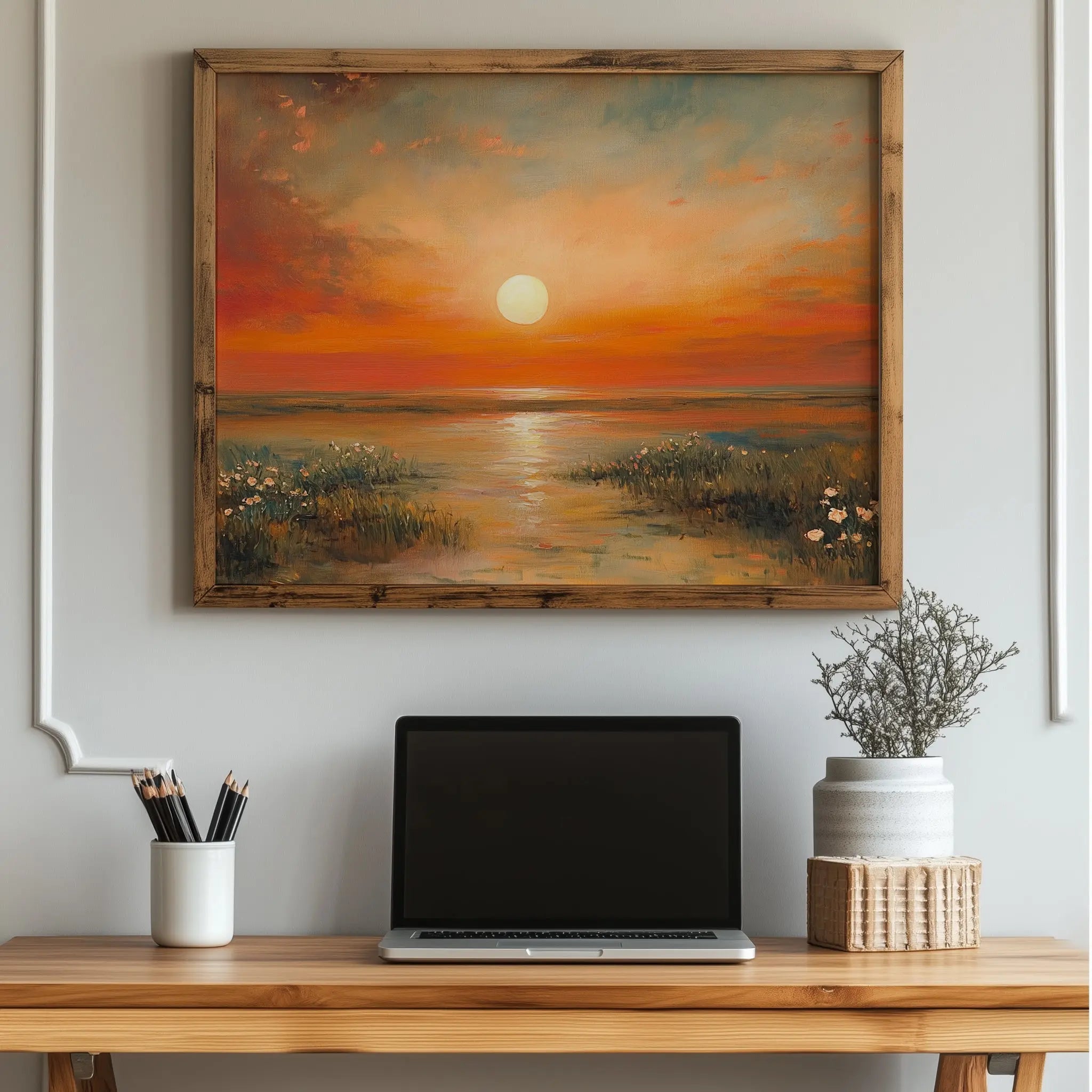 Wildflowers at Daybreak Wall Art, Oil Painting of Radiant Sunrise Landscape, Peaceful Wide-Field Nature Scene The VelvetPips Lab