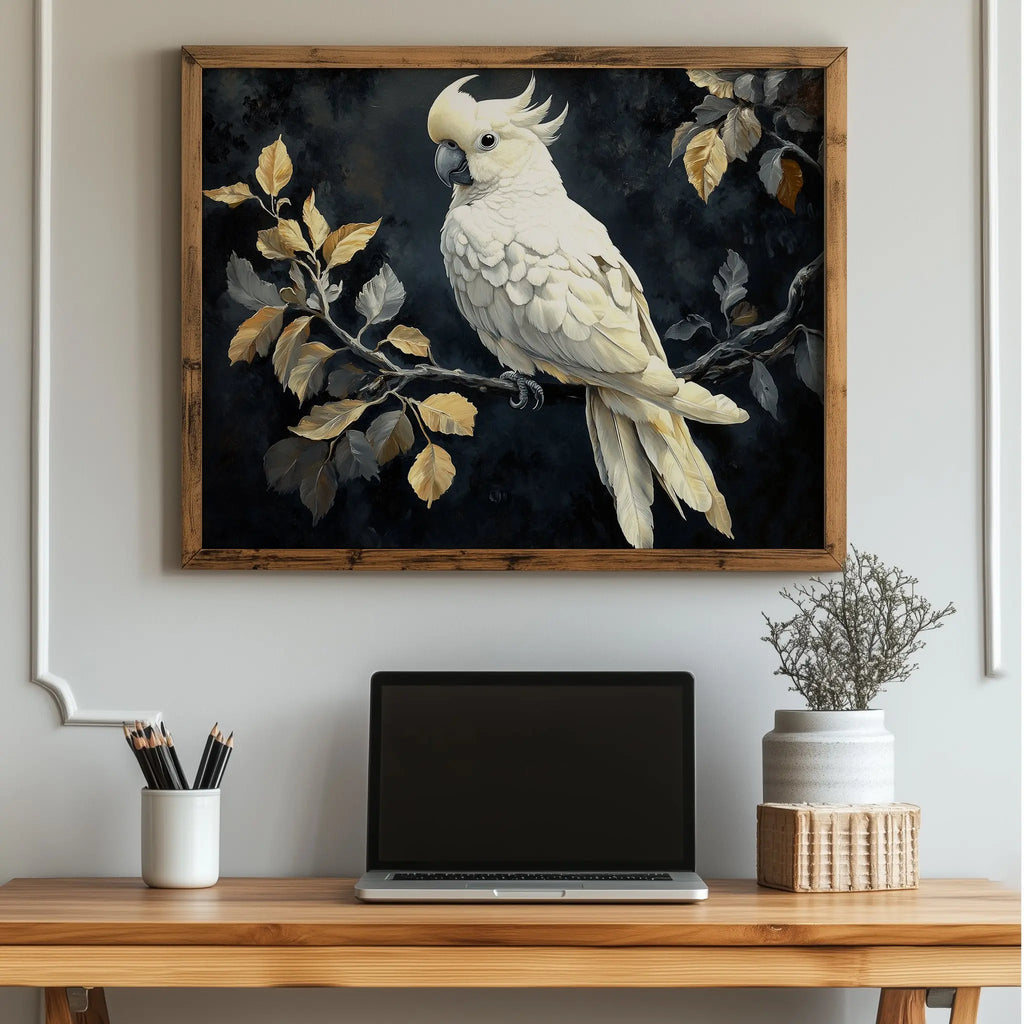 Elegant Cockatoo Wall Art, Oil Painting of White Cockatoo on Leafy Branch, Dramatic Black Background with Soft Highlights The VelvetPips Lab