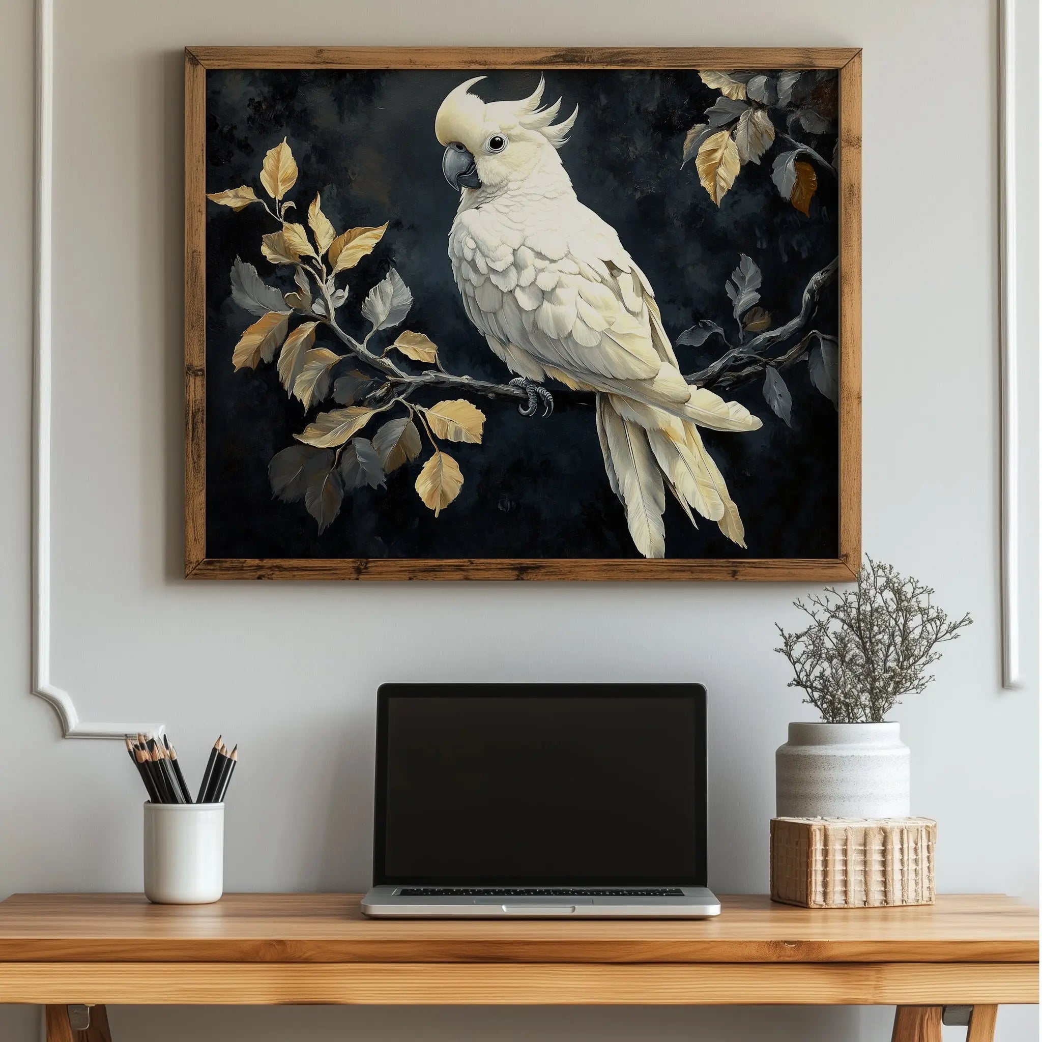 Elegant Cockatoo Wall Art, Oil Painting of White Cockatoo on Leafy Branch, Dramatic Black Background with Soft Highlights The VelvetPips Lab