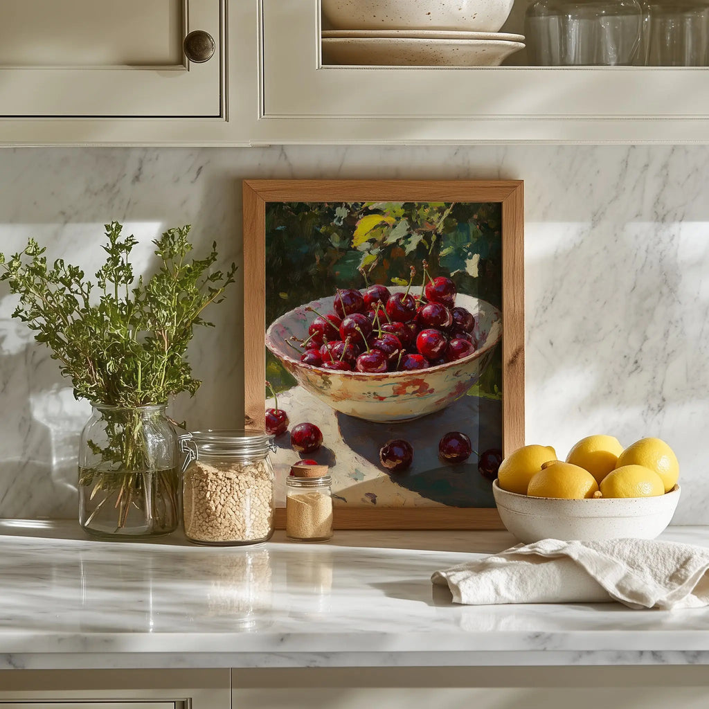 Cherries in Ceramic Bowl Wall Art, Still Life Oil Painting, Rich Crimson Fruit with Sunlit Glossy Skins The VelvetPips Lab