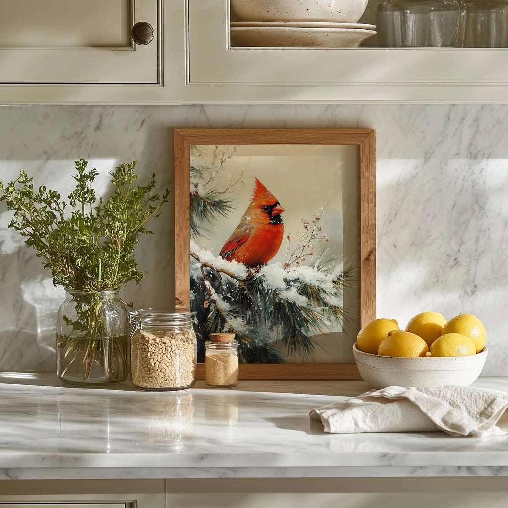 Cardinal on Snowy Pine Branch Wall Art, Winter Still Life Oil Painting, Vibrant Red Bird in Serene Forest Scene The VelvetPips Lab