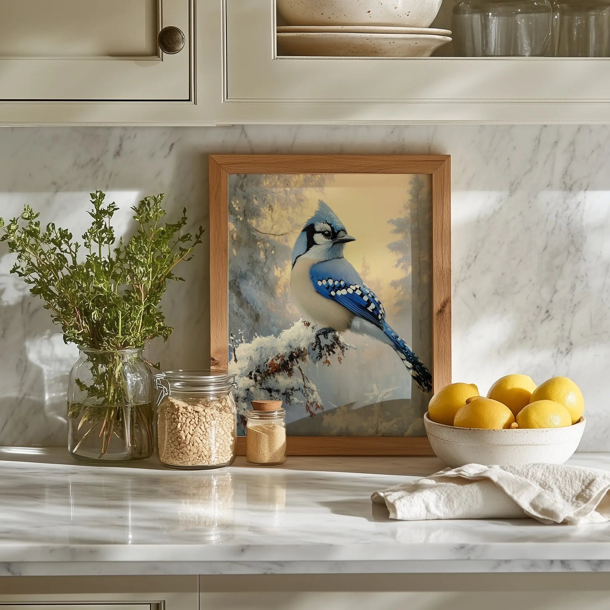 Blue Jay on Frosted Branch Wall Art, Winter Still Life Oil Painting, Snowy Trees and Morning Sky, Cozy Nature Scene The VelvetPips Lab