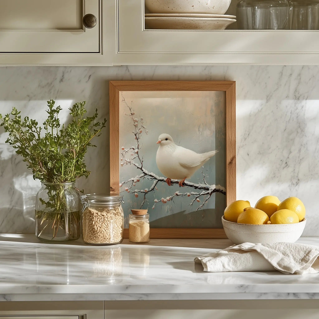 White Dove on Frosty Branch Wall Art, Minimalist Winter Oil Painting, Peaceful Bird Scene with Delicate Brush Texture The VelvetPips Lab