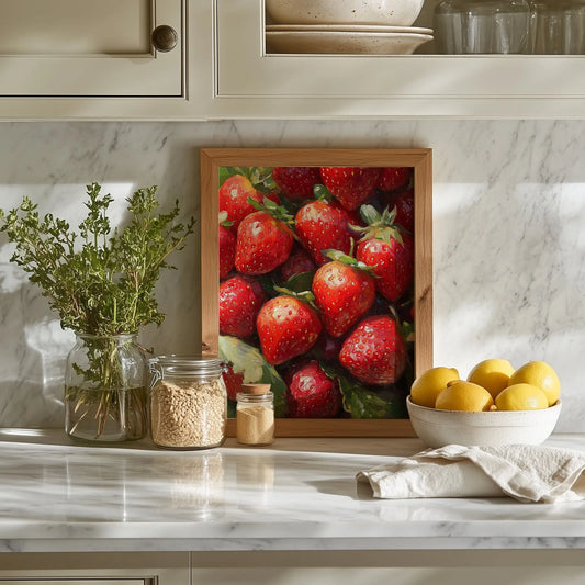 Strawberries Still Life Wall Art, Close-Up Oil Painting of Juicy Red Berries with Summer Light and Lush Shadows The VelvetPips Lab