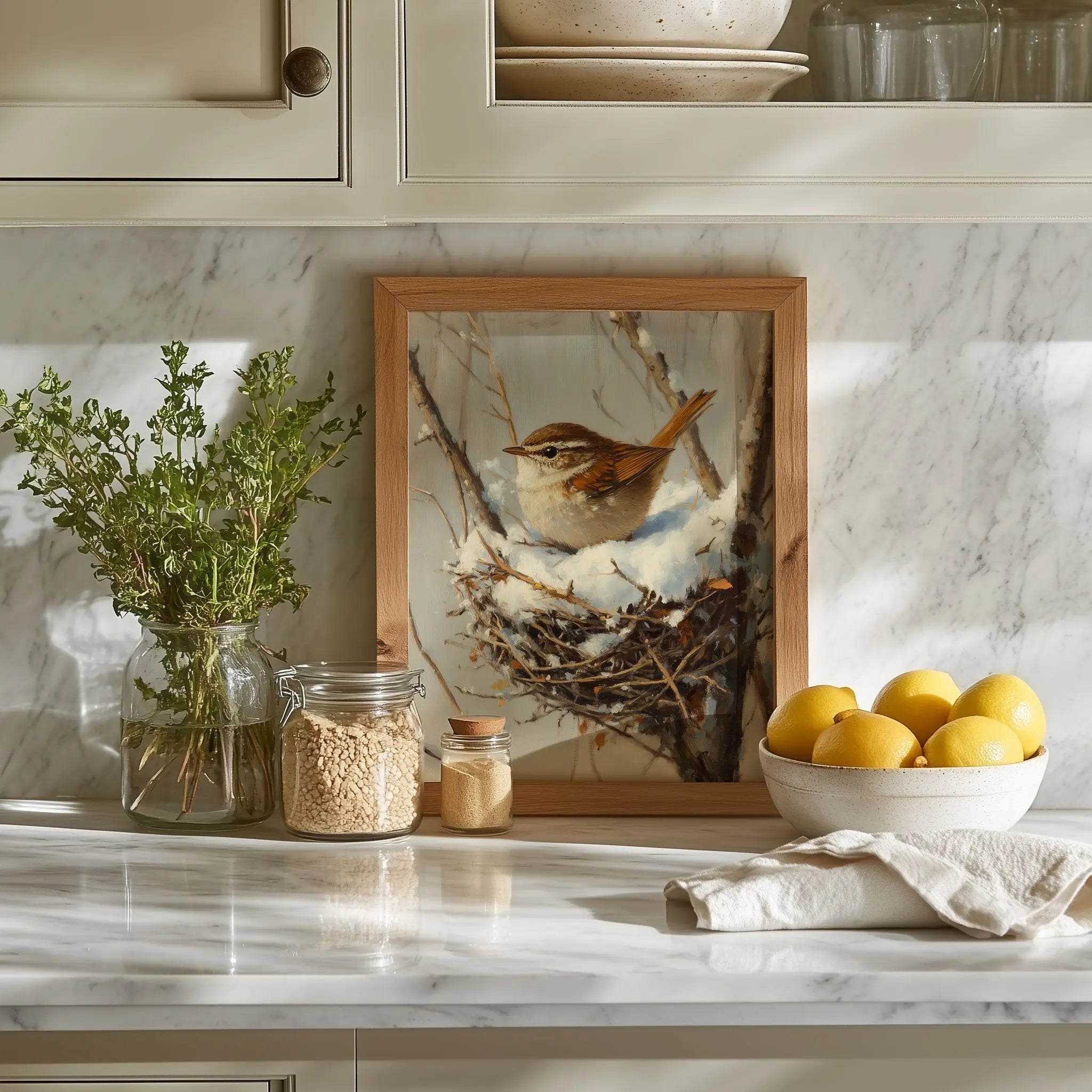 Winter Wren in Snow-Filled Nest Wall Art, Still Life Oil Painting, Peaceful Bird Scene in Bare Winter Tree The VelvetPips Lab