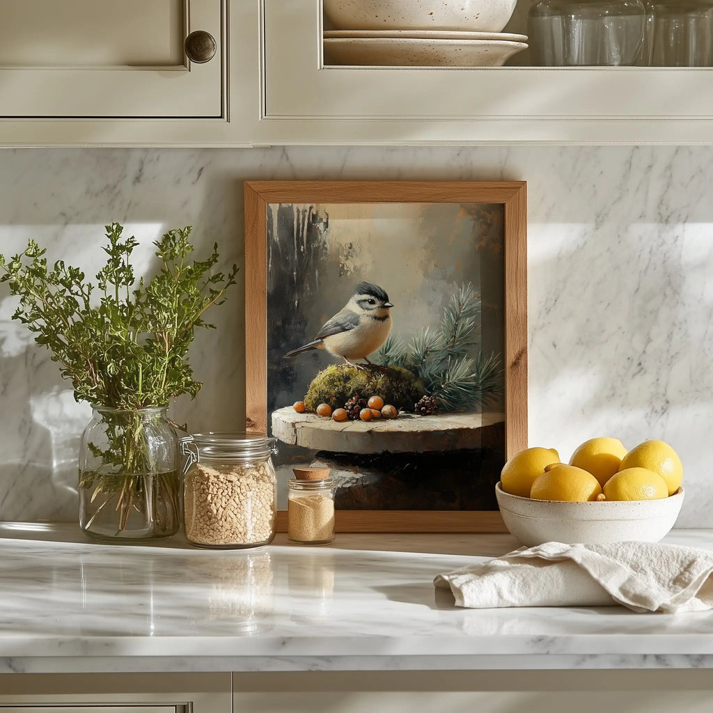 Tufted Titmouse on Mossy Stones Wall Art, Winter Still Life Oil Painting, Sunlit Evergreen Sprigs, Cozy Nature Scene The VelvetPips Lab