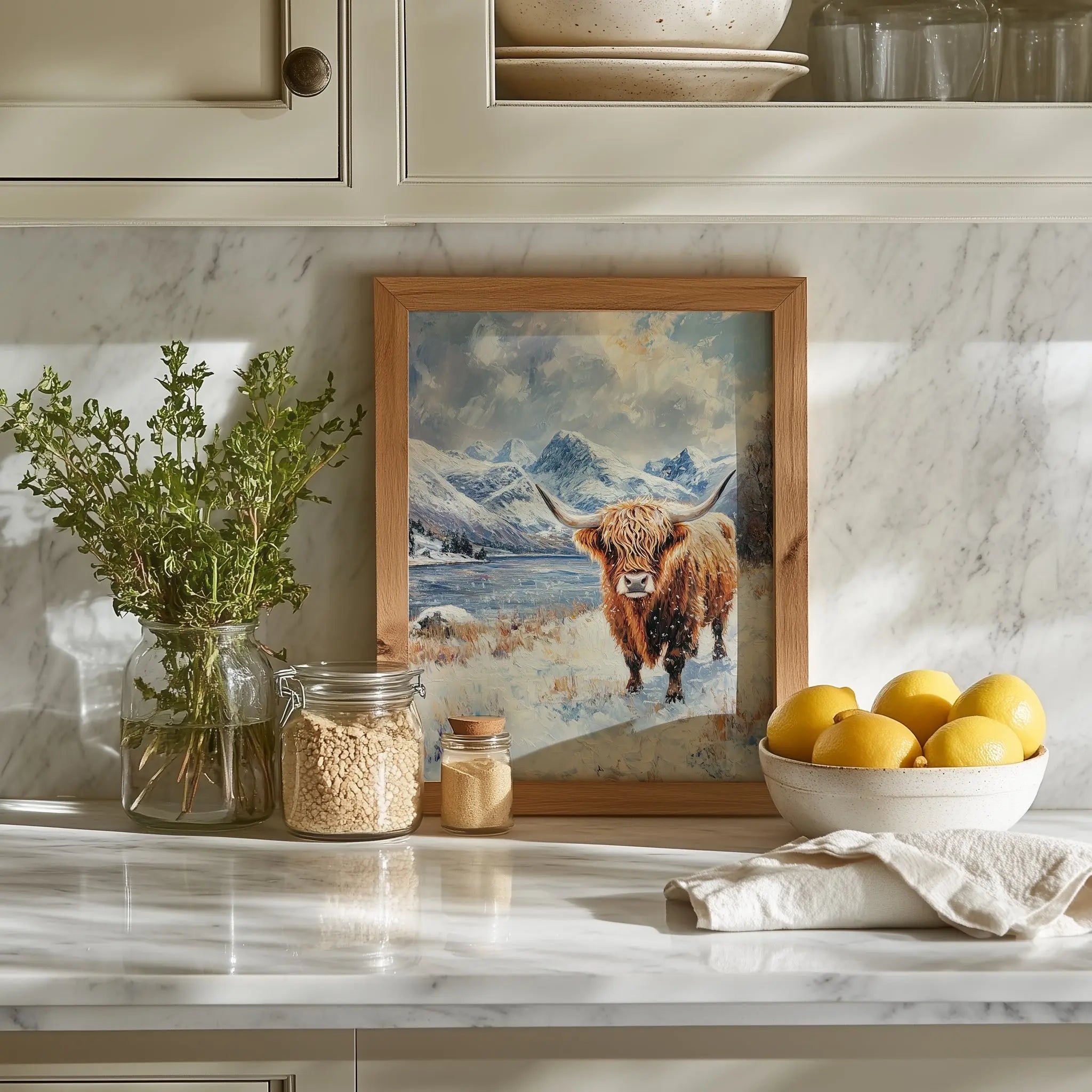 Scottish Highland Cow in Winter Wall Art, Oil Painting of Snowy Meadow and Rugged Mountains, Rustic Farmhouse Animal Print The VelvetPips Lab