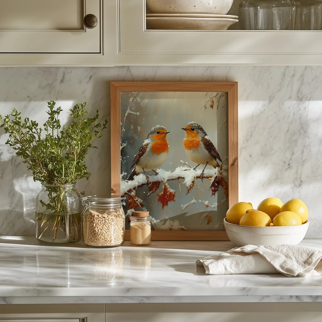 Pair of Robins on Frosty Branch Wall Art, Winter Still Life Oil Painting, Snowy Garden Scene with Peaceful Holiday Ambiance The VelvetPips Lab