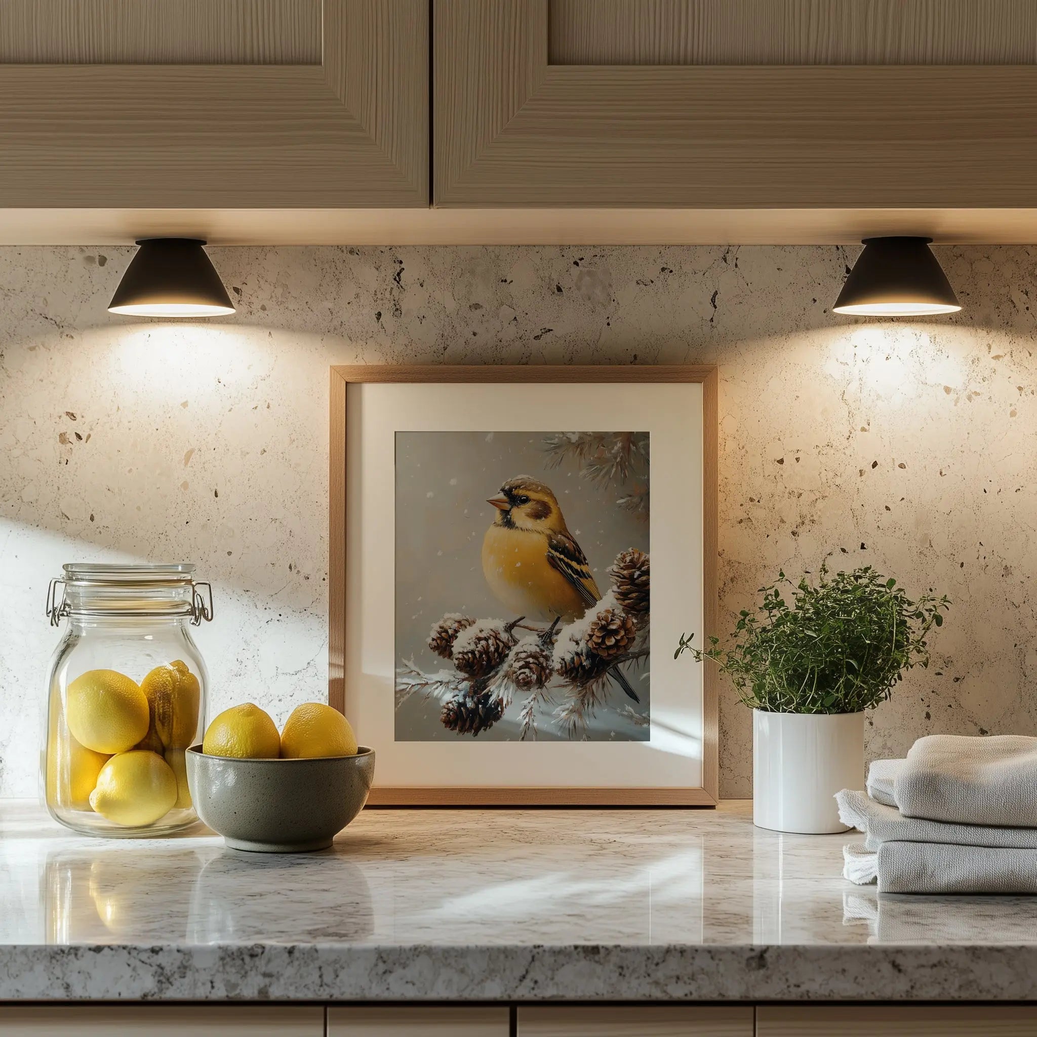 Golden Finch on Frosted Pinecone Branch Wall Art, Winter Still Life Oil Painting, Snowy Nature Scene in Classic Composition The VelvetPips Lab