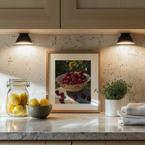 Cherries in Ceramic Bowl Wall Art, Still Life Oil Painting, Rich Crimson Fruit with Sunlit Glossy Skins The VelvetPips Lab