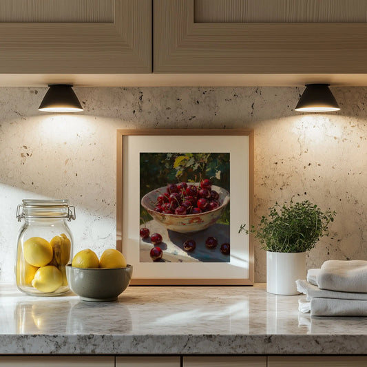 Cherries in Ceramic Bowl Wall Art, Still Life Oil Painting, Rich Crimson Fruit with Sunlit Glossy Skins The VelvetPips Lab