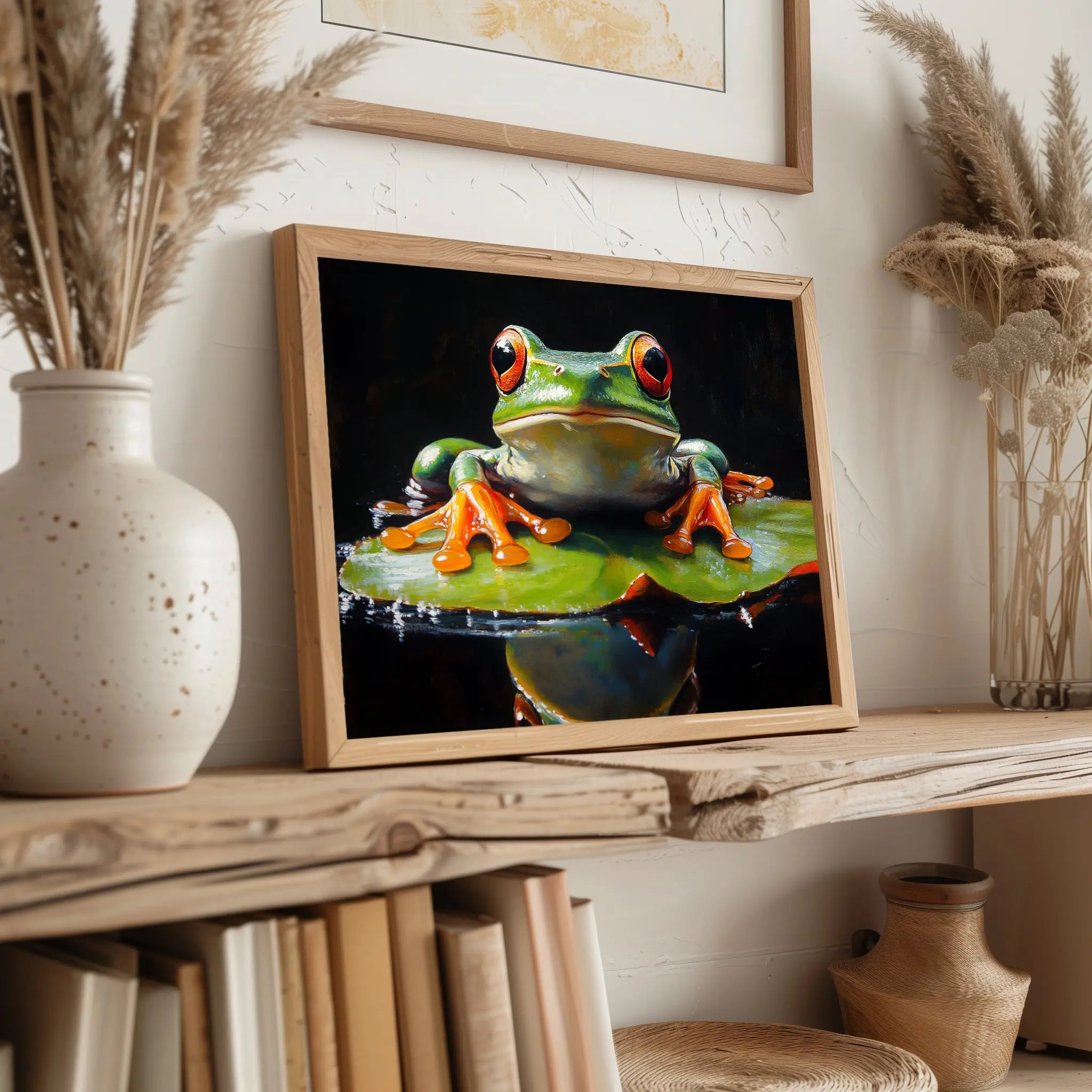 Elegant Frog on Water Lily Wall Art, Oil Painting of Vivid Green Frog with Glowing Highlights, Dramatic Black Background The VelvetPips Lab