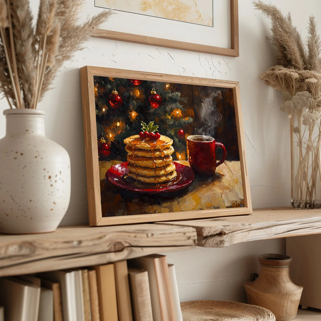 Pancakes with Honey and Coffee Wall Art, Christmas Morning Oil Painting, Cozy Holiday Kitchen Scene The VelvetPips Lab