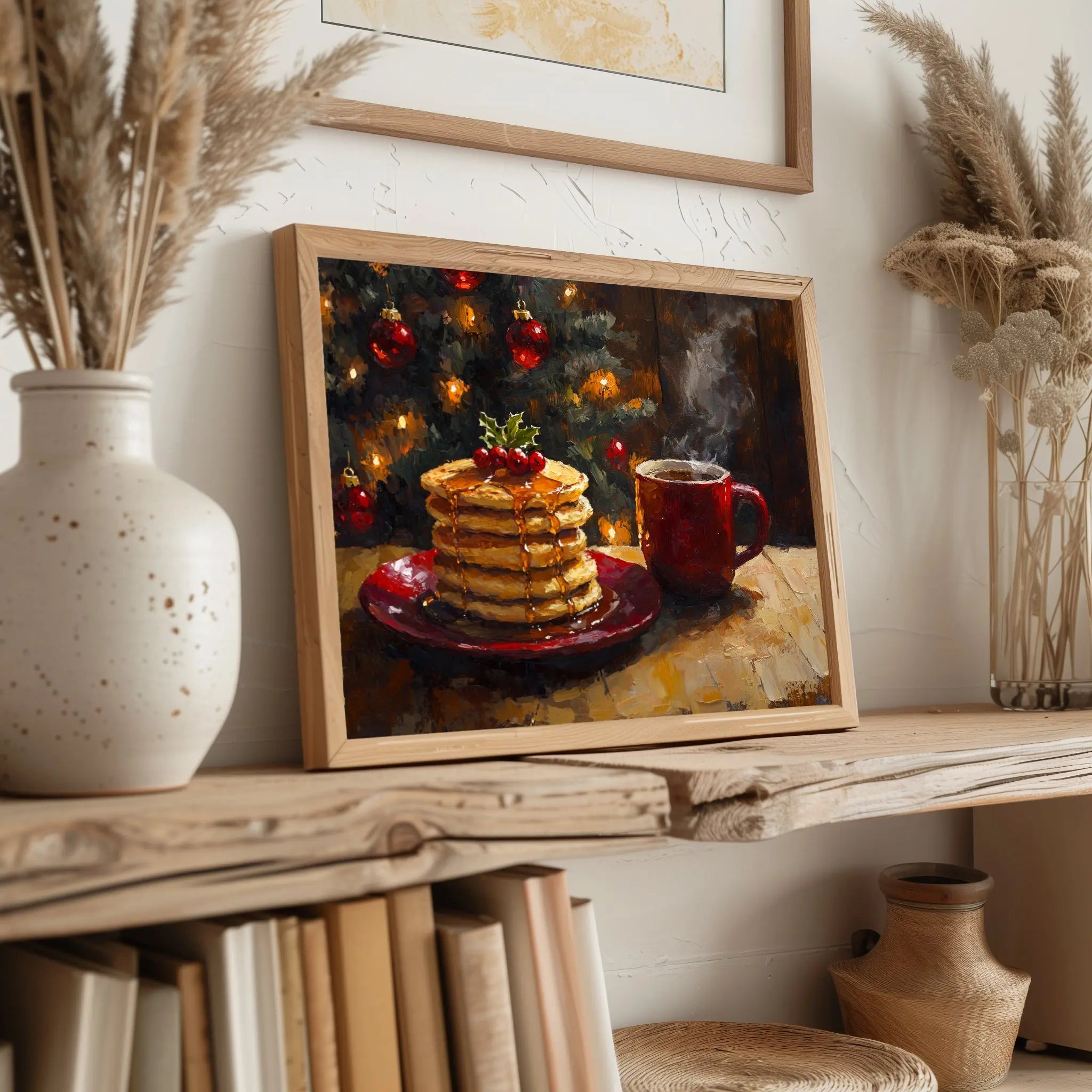 Pancakes with Honey and Coffee Wall Art, Christmas Morning Oil Painting, Cozy Holiday Kitchen Scene The VelvetPips Lab