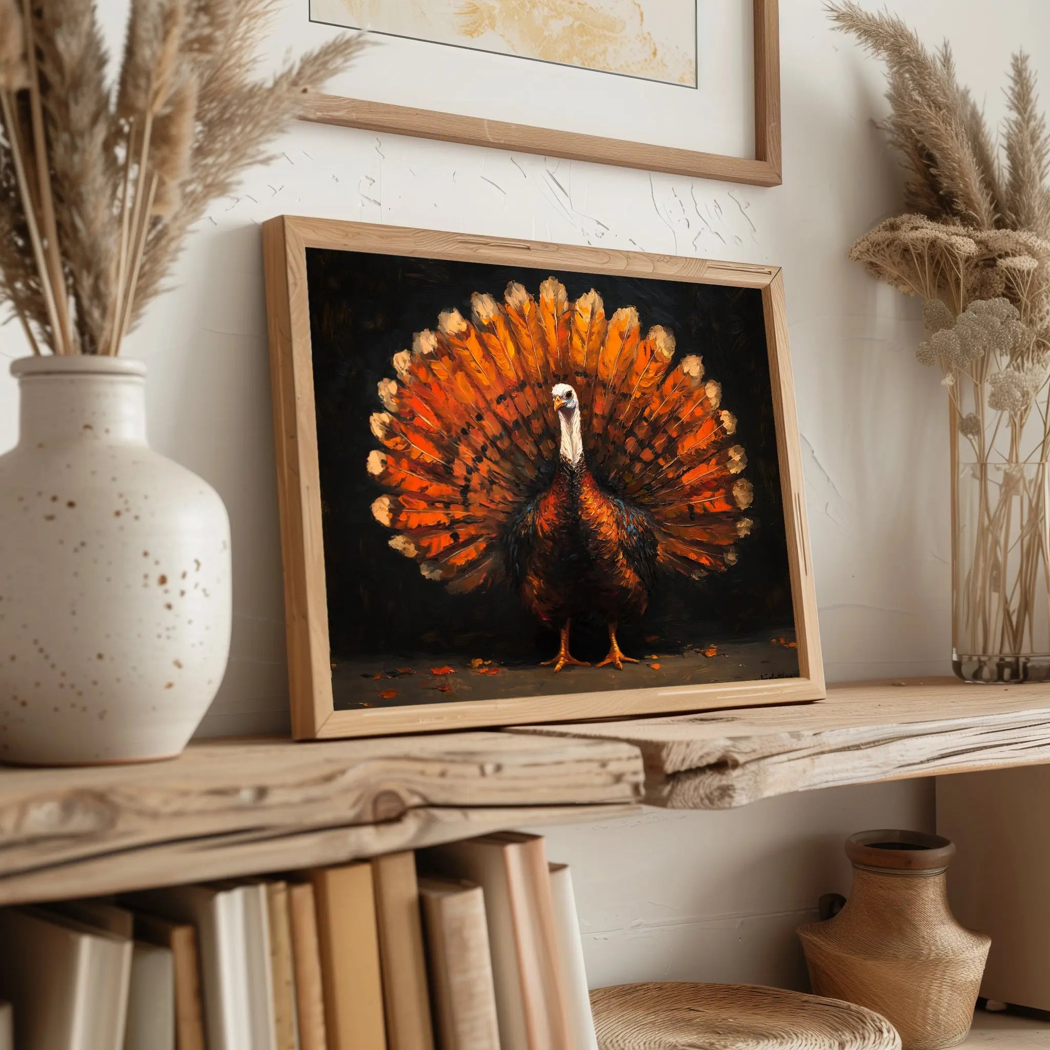 Thanksgiving Turkey Wall Art, Majestic Oil Painting with Full Plumage, Bronze and Gold Feathers in Dramatic Lighting The VelvetPips Lab