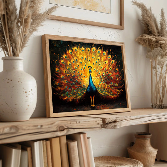 Regal Peacock Wall Art, Oil Painting of Vibrant Plumage Spread, Jewel Tone Feathers with Dramatic Contrast The VelvetPips Lab