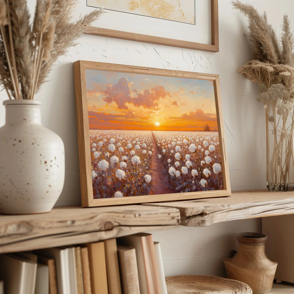 Cotton Field at Sunrise Wall Art, Oil Painting of Glowing Rows of Flowers, Peaceful Morning Landscape in Warm Hues The VelvetPips Lab
