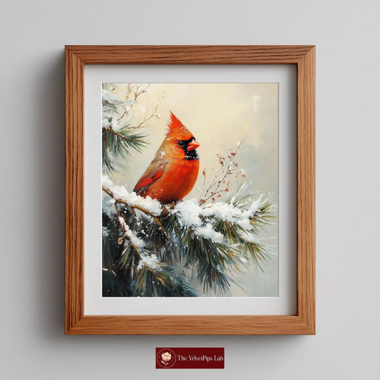 Cardinal on Snowy Pine Branch Wall Art, Winter Still Life Oil Painting, Vibrant Red Bird in Serene Forest Scene The VelvetPips Lab